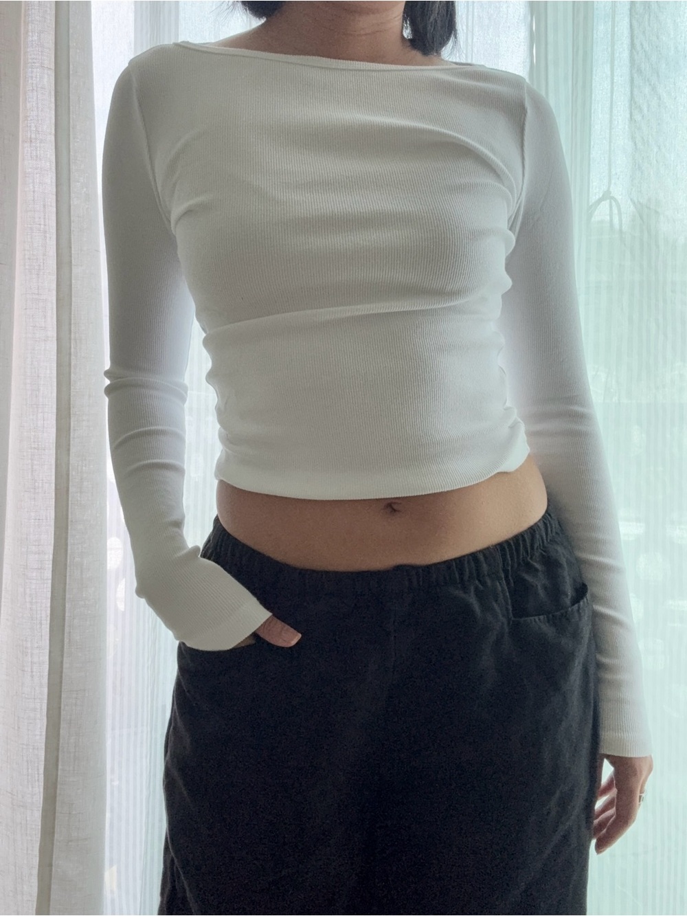 Classic White Long-Sleeve Ribbed Boatneck Top - Picture 2 of 3